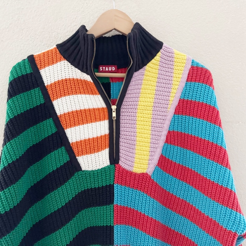 Staud Hampton Sweater Med Chunky Cotton Cabana Stripe Oversized Preppy Colorful - Picture 7 of 12